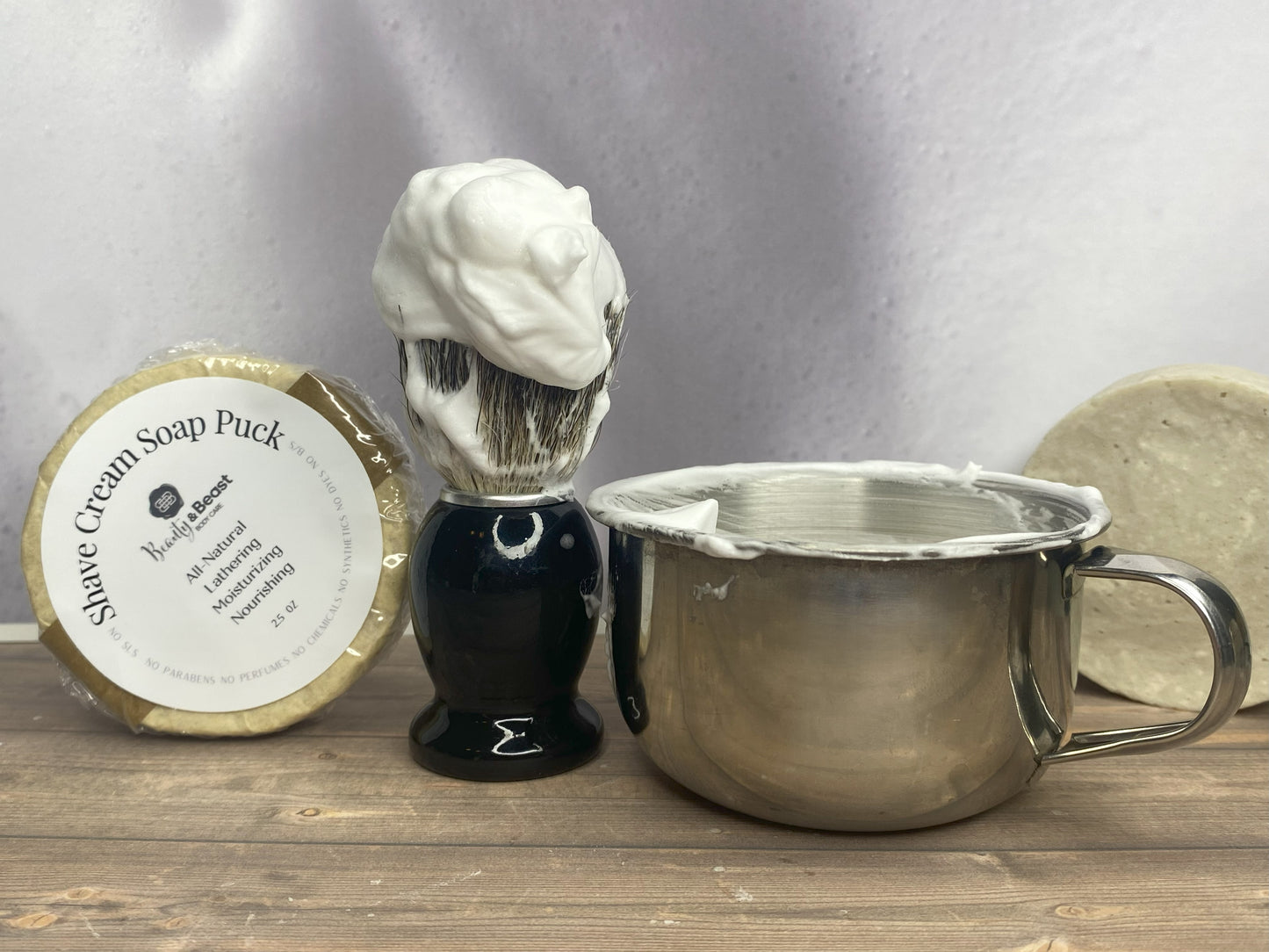 3 oz Stainless Steel Shave Cup & Shave Cream Puck. Not just for Men!