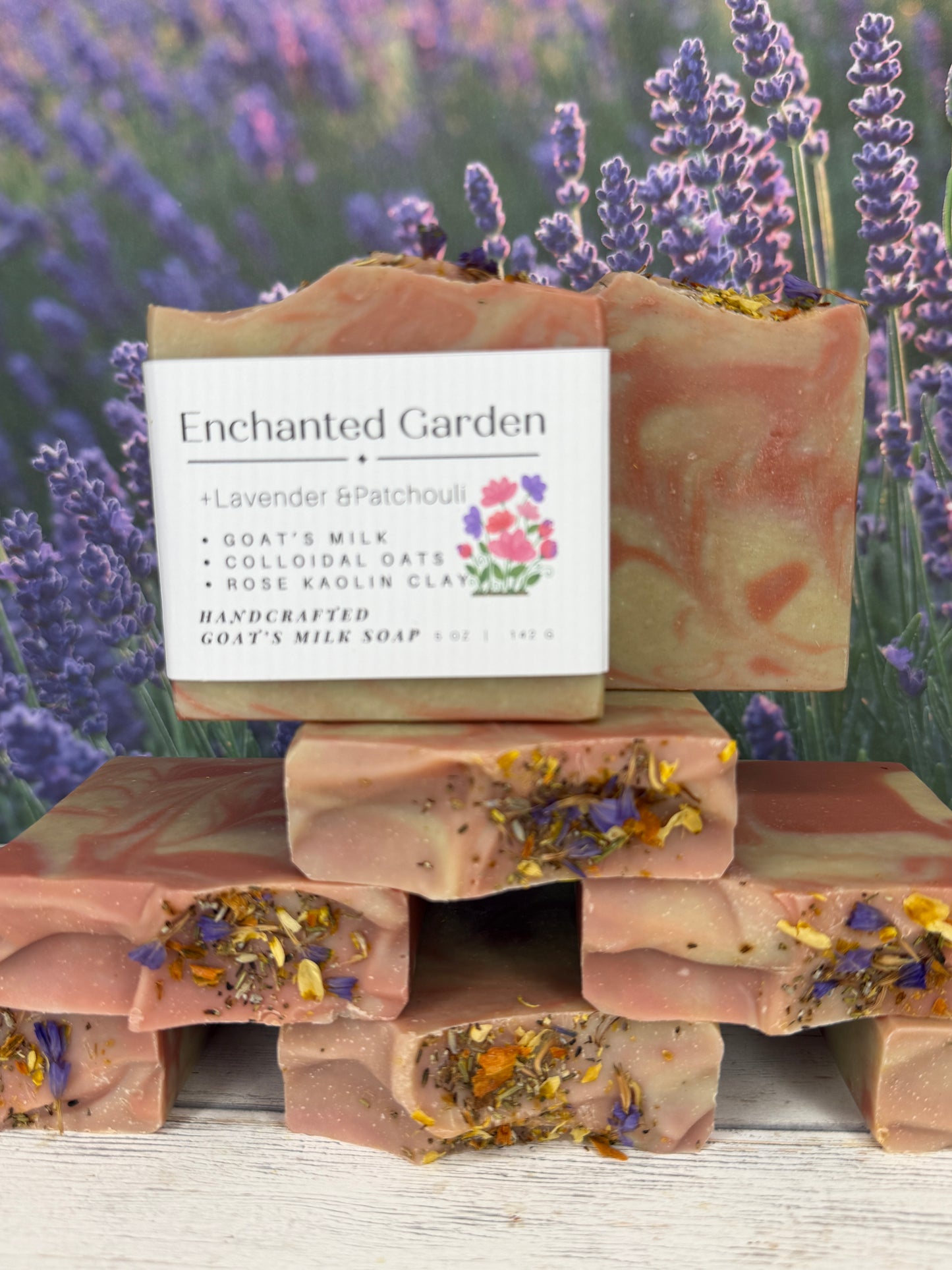 Enchanted Garden Goat Soap, Lavender & Patchoul, Earthy Floral hint musk, Grit: Fine