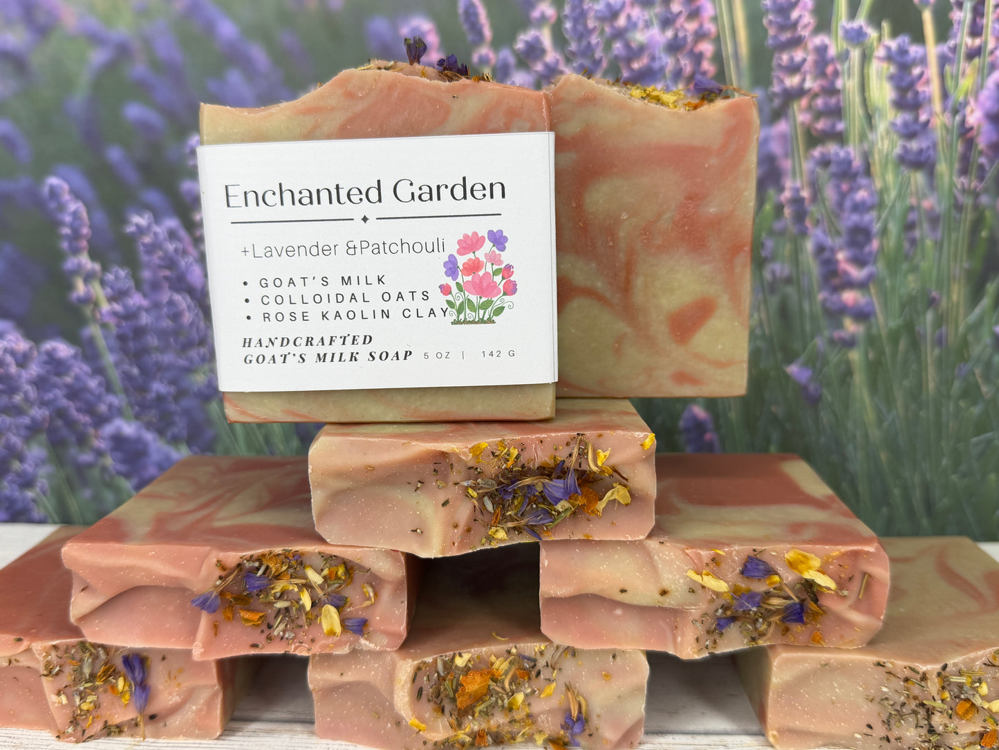 Enchanted Garden Goat Soap, Lavender & Patchoul, Earthy Floral hint musk, Grit: Fine