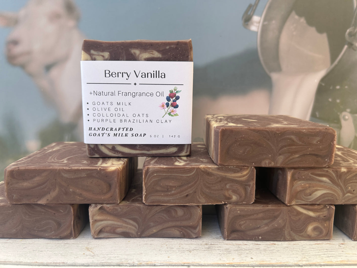 Berry Vanilla F/O Goat Body Soap 5oz, Sweet Fruity , Grit: Fine