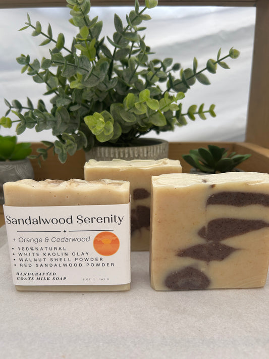 Sandalwood Serenity Goat Body Soap 5 oz, Citrus & Woody, Grit: Medium